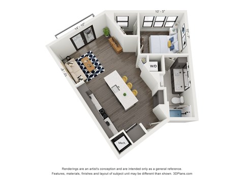 Floor plan for 1 bed, 1 bath, 690 sqft